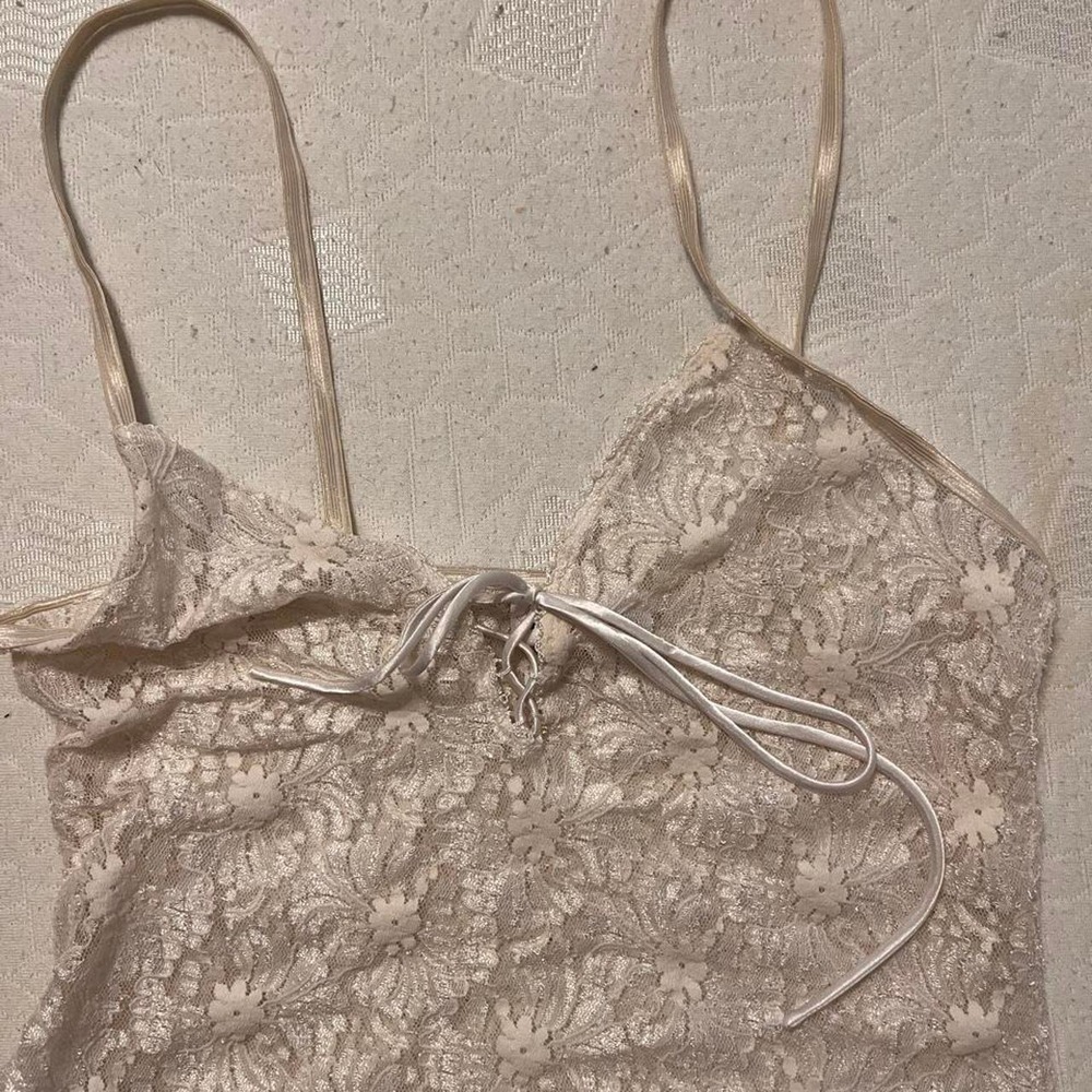 Vintage Y2K Fredericks of Hollywood Lace Cami Crop Top Champagne Tie S